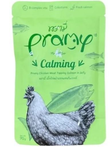 PRAMY KEDİ ÖDÜL MAMASI 70GR. JÖLE İÇİNDE SOMONLU TAVUKLU resmi